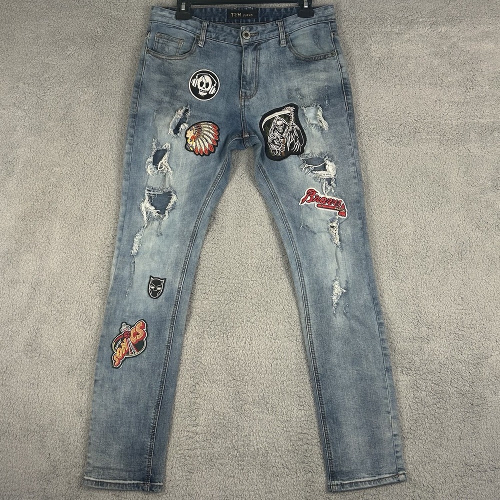 T2M Straight Leg Jeans Patches Distressed Mens 32 Skinny Punk